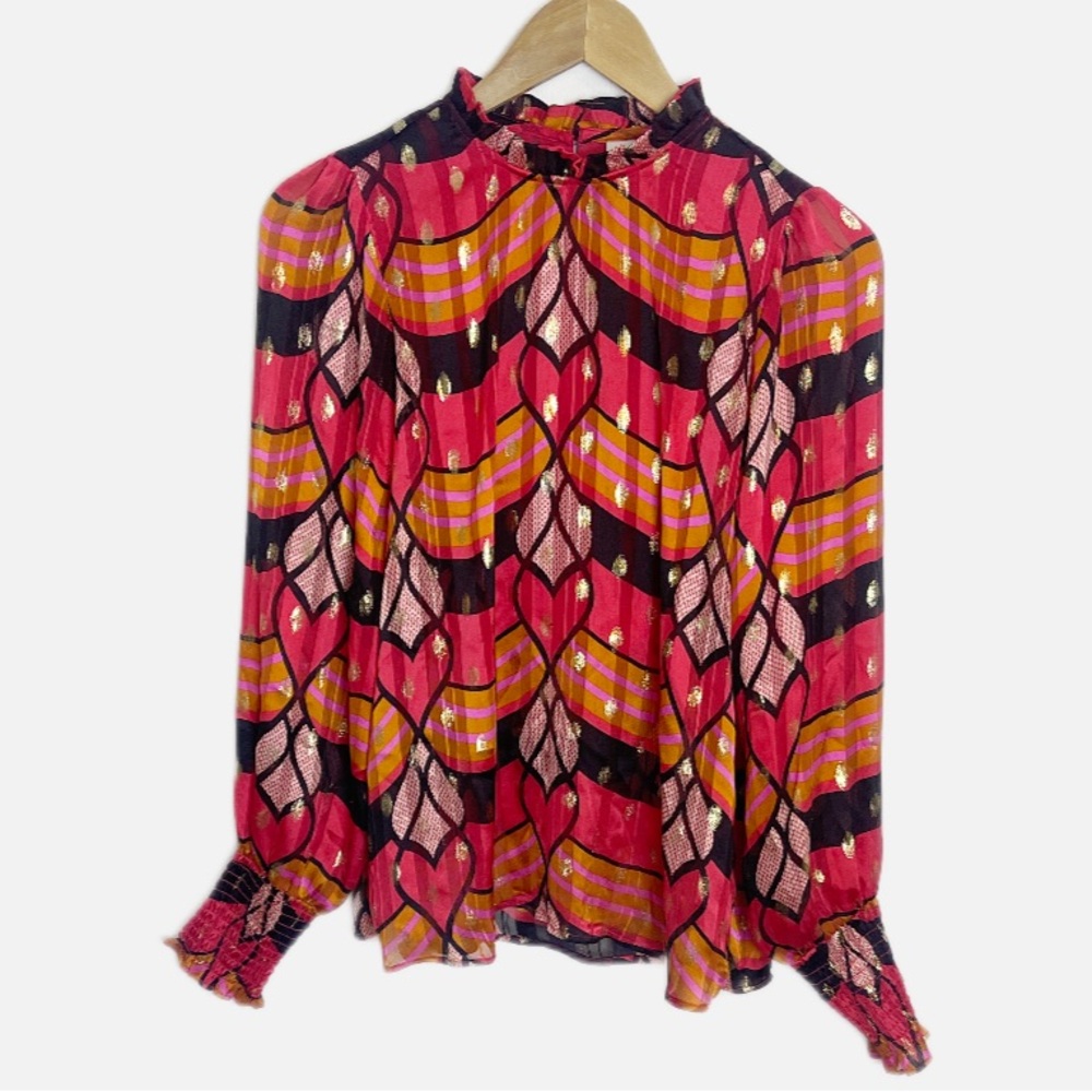 Joie Mod Poppy Retro Metallic long sleeve blouse S
